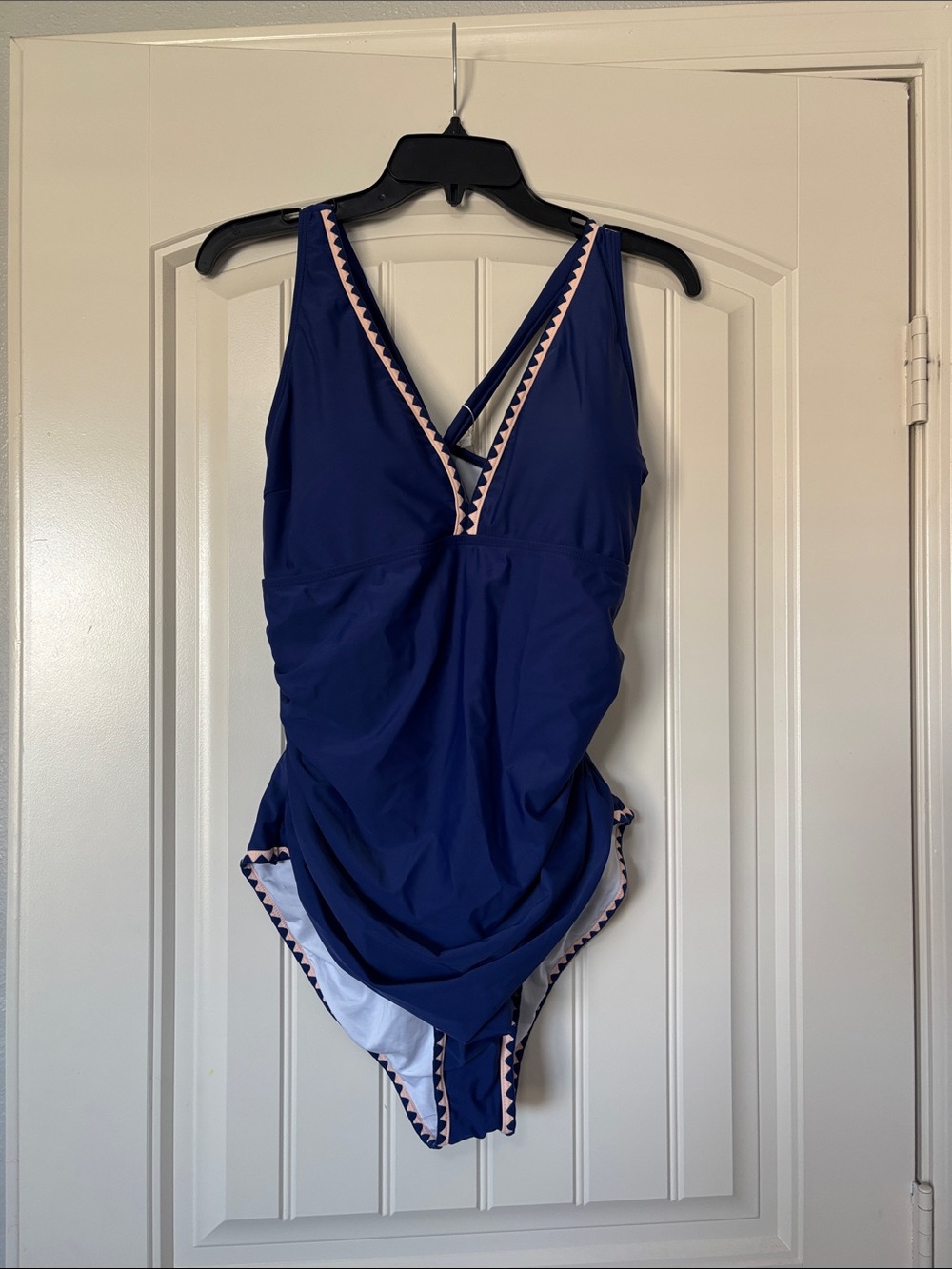 Classic Navy V-Neck One-Piece Swimsuit with Pink Trim
